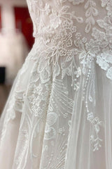 Wedding Dress Hire, Simple Long A-line Tulle Lace V Neck Appliques Lace Open Back Wedding Dress