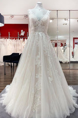 Weddings Dresses Style, Simple Long A-line Tulle Lace V Neck Appliques Lace Open Back Wedding Dress