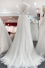 Wedding Dresses Lace Simple, Simple Long A-line V-neck Tulle Appliques Lace Wedding Dress