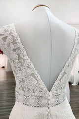 Wedding Dress Lace Simple, Simple Long A-line V-neck Tulle Appliques Lace Wedding Dress