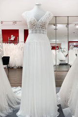 Wedding Dress For Beach Wedding, Simple Long A-line V-neck Tulle Appliques Lace Wedding Dress