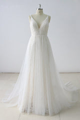 Wedding Dressed Lace, Simple Long A-line V Neck Tulle Wedding Dress