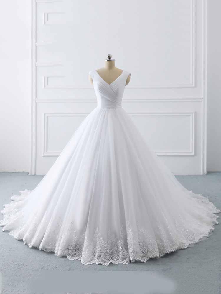 Wedding Dress Places Near Me, Simple Long Ball Gown V-Neck Lace-Up Tulle Wedding Dresses
