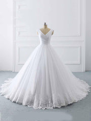 Wedding Dress Places Near Me, Simple Long Ball Gown V-Neck Lace-Up Tulle Wedding Dresses