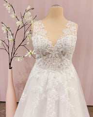 Wedding Dress Shoe, Simple Long V-neck A-Line Backless Wedding Dress With Appliques Lace