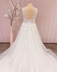 Wedding Dress Shoes, Simple Long V-neck A-Line Backless Wedding Dress With Appliques Lace