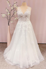 Wedding Dresses Cost, Simple Long V-neck A-Line Backless Wedding Dress With Appliques Lace
