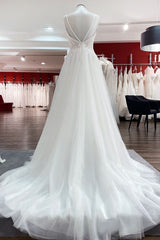 Wedding Dress Rustic, Simple Long V-neck Sequins Ruffles A-line Tulle Backless Wedding Dress