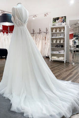 Weddings Dresses Uk, Simple Long V-neck Sequins Ruffles A-line Tulle Backless Wedding Dress