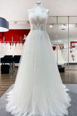 Wedding Dresses For Big Bust, Simple Long V-neck Sequins Ruffles A-line Tulle Backless Wedding Dress