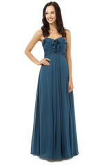 Evening Dress Gowns, Simple Navy Blue Chiffon Sweetheart Floor Length Bridesmaid Dresses