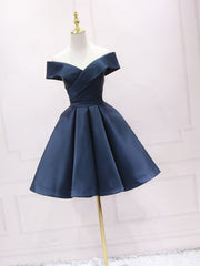 Green Prom Dress, Simple Off Shoulder Satin Dark Blue Short Prom Dress, Blue Homecoming Dress