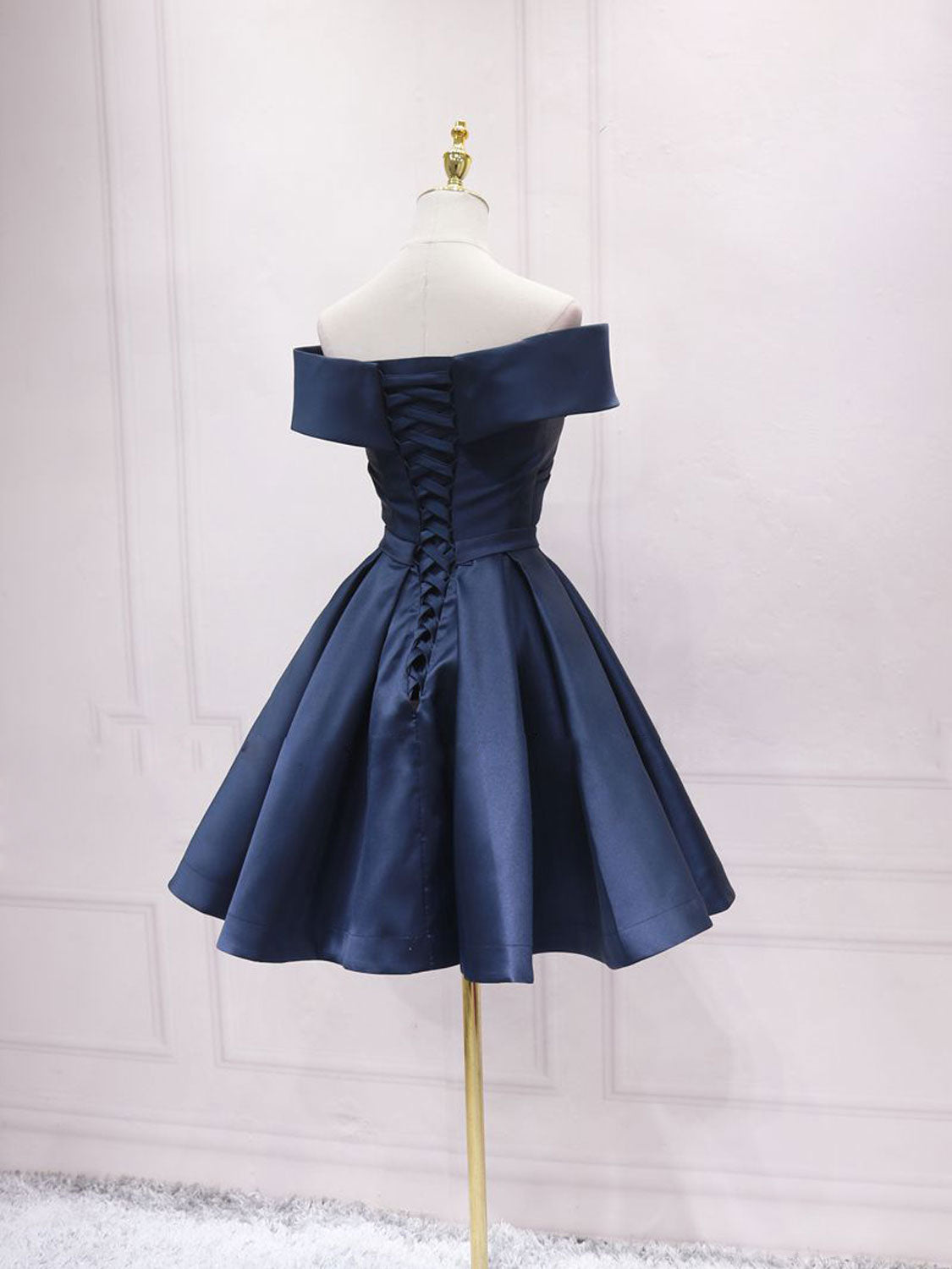 Graduation Outfit Ideas, Simple Off Shoulder Satin Dark Blue Short Prom Dress, Blue Homecoming Dress