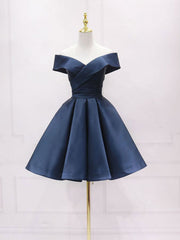 Graduation Dress, Simple Off Shoulder Satin Dark Blue Short Prom Dress, Blue Homecoming Dress