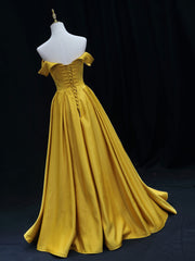 Formal Dresses Gown, Simple Off Shoulder Yellow Satin Long Prom Dress, Yellow Formal Evening Dress