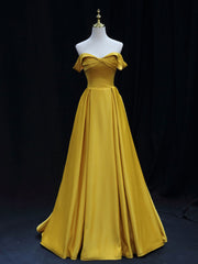 Formal Dress For Sale, Simple Off Shoulder Yellow Satin Long Prom Dress, Yellow Formal Evening Dress
