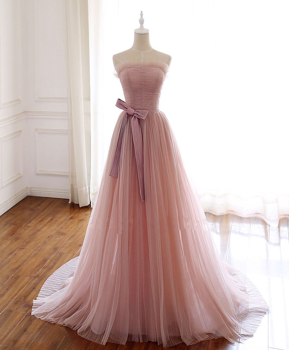Wedding Dress Sales, Simple Pink Fashionable Scoop Tulle Long Wedding Party Dress with Bow, Pink Long Formal Dress