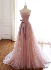 Wedding Dresses Deals, Simple Pink Fashionable Scoop Tulle Long Wedding Party Dress with Bow, Pink Long Formal Dress