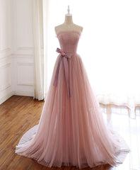 Formal Dress Cheap, Simple Pink Tulle Long Prom Dress, Aline Pink Tulle Formal Party Dresses