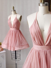 Formal Dresses For Girls, Simple Pink Tulle Short Prom Dress, Aline Pink Bridesmaid Dress