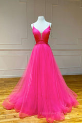 Bridesmaid Dresses Dark, Simple pink v neck tulle long prom dress pink formal dress
