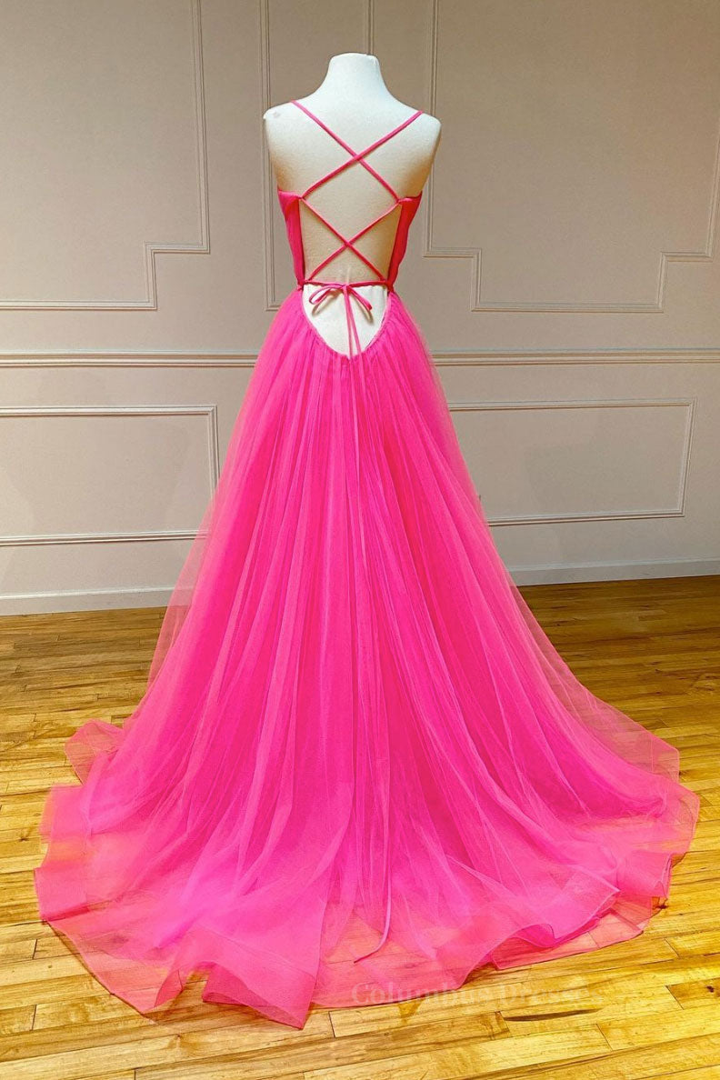 Bridesmaid Dress Dark, Simple pink v neck tulle long prom dress pink formal dress