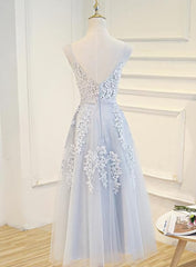 Off Shoulder Dress, Simple Pretty Light Grey Tea Length Prom Dress, Tea Length Bridesmaid Dress