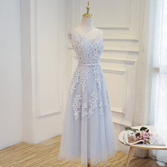 Formal Wedding Guest Dress, Simple Pretty Light Grey Tea Length Prom Dress, Tea Length Bridesmaid Dress