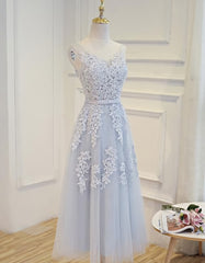 Trendy Dress Outfit, Simple Pretty Light Grey Tea Length Prom Dress, Tea Length Bridesmaid Dress
