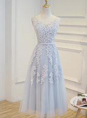 Modest Prom Dress, Simple Pretty Light Grey Tea Length Prom Dress, Tea Length Bridesmaid Dress