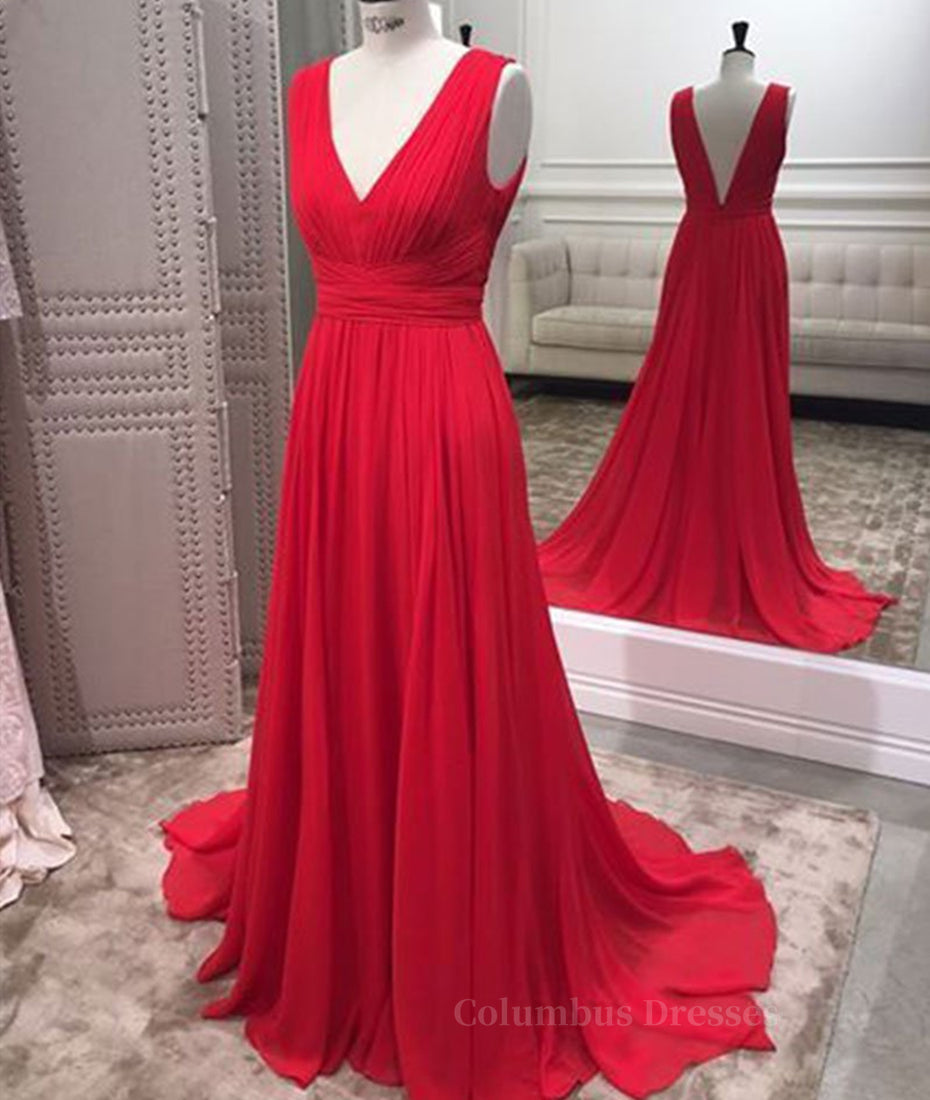 Homecoming Dresses Floral, Simple Red V Neck and V Back Chiffon Long Prom Dress, V Neck Red Long Evening Dress, Red Formal Dress, Graduation Dress