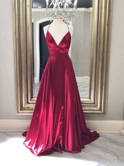 Prom Dresses Designs, Simple red v neck satin long prom dress, red evening dress