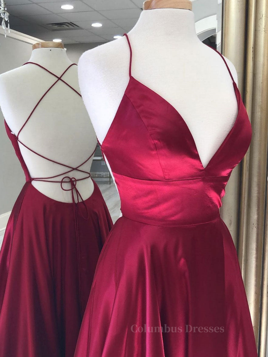 Prom Dress Designs, Simple red v neck satin long prom dress, red evening dress