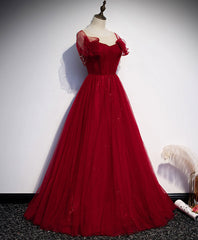 Prom Pictures, Simple Round Neck Tulle Burgundy Long Prom Dress, Burgundy Formal Dresses