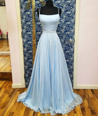 Formal Wedding Guest Dress, Simple satin blue long prom dress, blue evening dress