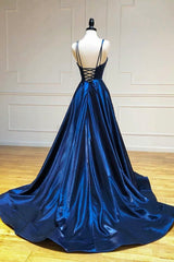 Prom Dress Chicago, Simple Satin Long A-Line Prom Dress, Blue Spaghetti Strap Evening Party Dress