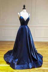 Prom Dress Mermaid, Simple Satin Long A-Line Prom Dress, Blue Spaghetti Strap Evening Party Dress