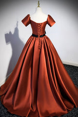 Bridesmaid Dress Burgundy, Simple Satin Long Prom Dress, Short Sleeve A-Line Evening Party Dress
