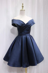 Party Dress India, Simple Satin Short Prom Dress, Off Shoulder Blue Party Dress