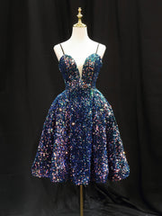Formal Dresses Outfit Ideas, Simple Sequin Blue Short Prom Dress, Blue Homecoming Dress
