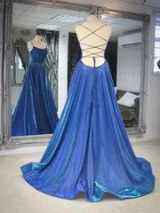 Shirt Dress, Simple Shiny Backless Blue Long Prom Dresses, A Line Blue Open Back Long Formal Evening Dresses