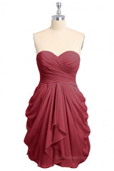 Formal Dress Short, Simple Short Burgundy Sweetheart Draped Bridesmaid Dress
