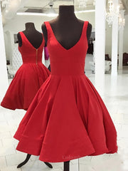 Formal Dresses Classy, Simple Short V Neck Red Satin Prom Dresses, Short Red Formal Homecoming Dresses