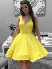 Classy Outfit, Simple Short V Neck Yellow Red Satin Prom Dresses, Short Red Yellow Formal Homecoming Dresses