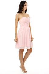 Evening Dress Cheap, Simple Strapless Chiffon Sweetheart Short Pink Homecoming Dresses
