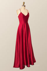 Party Dress Open Back, Simple Straps Red Long Party Dress