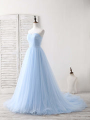Bridesmaids Dresses Colorful, Simple Sweetheart Blue Tulle Long Prom Dress Blue Evening Dress