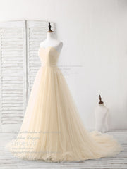 Prom Dress Corset, Simple Sweetheart Champagne Tulle Long Prom Dress Champagne Evening Dress