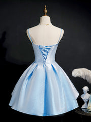 Bridesmaid Dress Shop, Simple Sweetheart Neck Satin Short Blue Prom Dresses, Puffy Blue Homecoming Dresses