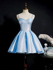 Bridesmaid Dress 2032, Simple Sweetheart Neck Satin Short Blue Prom Dresses, Puffy Blue Homecoming Dresses